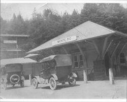 Car parked in front of the Monte Rio Railroad Depot, Monte Rio, California, about 1923