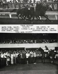 Mary Dei presenting flowers to the winner of the Napa County purse at the Sonoma County Fair, July 17, 1971