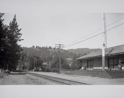 Partial view of the Northwest Pacific Railroad Depot at Guerneville, California, 1930s