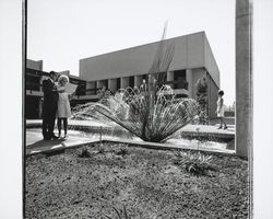 Joe Henderson, Assistant City Manager with a City Hall employee near the fountain in City Hall courtyard, Santa Rosa, California, 1969