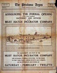 Advertisement "Announcing the formal opening for the newly completed hatchery and offices of the Must Hatch Incubator Company," February 11, 1927