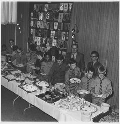 Boy Scouts with a group of Rotary members at a dinner, Santa Rosa, California, 1970