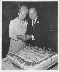 Mayor Helen Putnam and Mayor Joseph Alioto celebrating Golden Gate Park's 100th anniversary, San Francisco, California, 1970