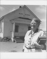 Myrtle Reed in front of Bliss School, Petaluma, California, 1956