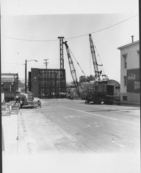 Washington Street Bridge replacement under construction in Petaluma, California, viewed from Washington Street between Water Street and Petaluma Bouldvard, 1968