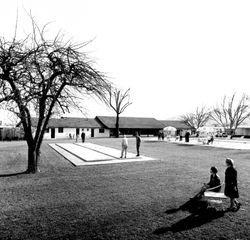 Shuffle board and swimming pool at Rancho de Napa Mobile Home Estates, Yountville, California, about 1971