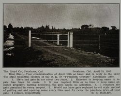 Lloyd gate at the E. R. Bailey farm in Petaluma, California, as shown in the Lloyd Co. catalog for 1912