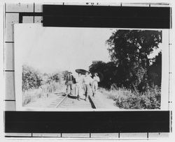 Daddi family walking along the Northwestern Pacific tracks near Kenwood, California, about 1935