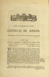 Anno quadragesimo nono Georgii III. Regis. CAP VII. ; an act to prohibit the distillation of spirits from corn or grain, in the United Kingdom for a limited time. [13th March 1809]