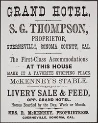 Advertisements for the Grand Hotel and McKenney's Stable, First Street, Guerneville, California, 1884