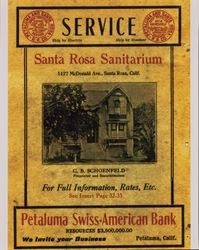 Advertisements for the Petaluma and Santa Rosa Railroad Company, Santa Rosa Sanitarium, and Petaluma Swiss-American Bank, from the 1922-1923 California State Farmers Directory for Sonoma County