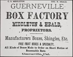 Advertisement for Guerneville Box Factory, Guerneville, California, 1884