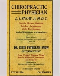 Advertisements for L. J. Snow, A. M. D. C., and Dr. Elsie Petheram Snow, from the 1922-1923 California State Farmers Directory for Sonoma County