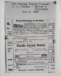 Advertisements for Empire Line, James Knowles, owner, and Pacific Livery Stable and Stock Yards, in the Sonoma County Journal, May 8, 1857