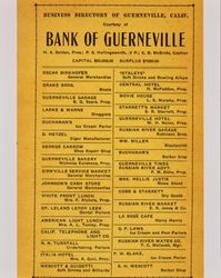 Business directory of Guerneville, California, as provided by the Bank of Guerneville, from the 1922-1923 California State Farmers Directory for Sonoma County