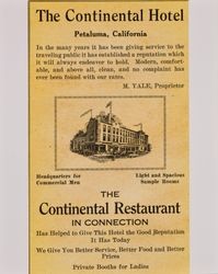 Advertisement for the Continental Hotel, Petaluma, California, from the 1922-1923 California State Farmers Directory for Sonoma County