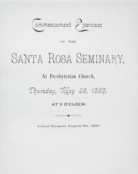 Commencement notice for Santa Rosa Seminary, Santa Rosa, California May 30, 1889