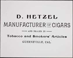 D. Hetzel business card, Guerneville, California, about 1911