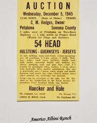 Auction flier--sale of 54 head of dairy cows and dairy equipment, 8 miles west of Petaluma on Two Rock Highway, Petaluma, Sonoma County