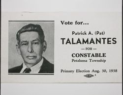 Election card for Patrick A. Talamantes, 1938