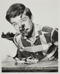 Farmers' Day pie eating contest at the Sonoma County Fair, Santa Rosa, California, 1963