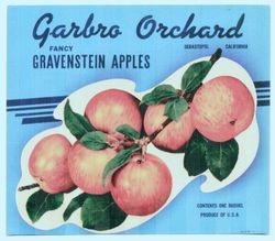 Apple box label of Garbro Orchard, Fancy Gravenstein apples