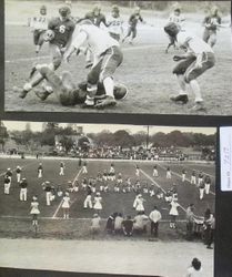 Analy High School football game vs Petaluma at Analy, Saturday, November 5th, 1949 with the Analy High School Marching Band in formation with five majorettes