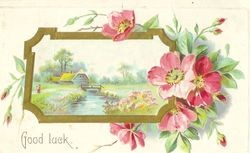 Good Luck message with scene of pink roses surrounding a house in countryside, postmarked Sebastopol, about 1913