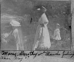 Blanche Riddell, her aunt Mary Harmon and Mary's daughter Dorothy fishing on the Russian River, May, 1909