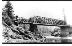 Hacienda Bridge and railroad trestle over the Russian River near Guerneville, North Western Pacific (NWP) Railroad