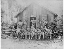 Meeker Lumber Company office and crew, Occidental, 1885