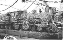1914 Gravenstein Apple Show display of a train engine made of apples