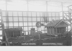 1912 Gravenstein Apple Show display of a miniature farm house with windmill and well made of apples