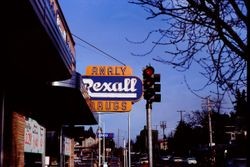 Analy Pharmacy Rexall Drug Store sign at approximately 186 North Main Street, Sebastopol, California, February 1977