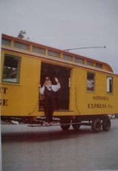 Restored Petaluma & Santa Rosa Railway boxcar in the Apple Blossom Parade, Sebastopol April 15, 2000