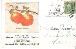 Gravenstein Apple Show advertisement postcard for the 1910 show, postmarked from Sebastopol August 3, 1910