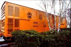 Refurbished Southern Pacific boxcar Pacific Fruit Express for the West County Museum at 261 South Main Street in Sebastopol