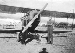 August S. Huck, Sr. on the right with a student at Sebastopol airfield, 1920s