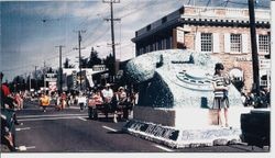 Pacific Telephone float of a large blue phone in the 1968 Apple Blossom Parade on Main Street at intersection of Main and Bodega Avenue