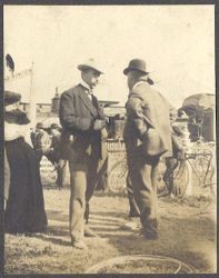 Two unidentified men discuss discuss the Battle of Sebastopol Avenue March 1, 1905 between the electric Petaluma & Santa Rosa Railway and the steam California Northwestern (CNW) railroad right-of-way