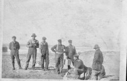 Group of fishermen at Bodega Bay identified as Mr. Foetinger, George Cl_____, Willy Mahhs, Captain Matsen, Captain Thomas, Pete Petersen, Robert (?)