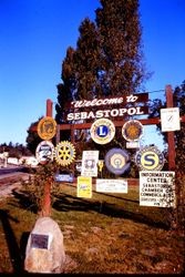 Welcome to Sebastopol sign at intersection of South Main and Petaluma Avenue, 1970