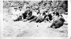 Karl Asman and a group of unidentified young men and women at Bodega Bay, about 1915