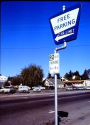 Free parking sign near the Purity store at North Main Street and McKinley Street, Sebastopol, California, 1970