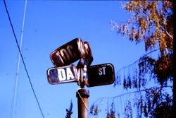 Crumpled Sebastopol street signs at Tocchini and Daniel Streets in Belmont Terrace neighborhood of Sebastopol, California, 1971