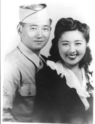 Sadao and Shizue Fujihara Hamaoka wedding portrait, Camp Amache, Colorado, 1944
