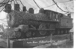 1914 Gravenstein Apple Show display of a train engine made of apples
