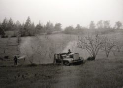 Bill Silva seated on tractor with a sprayer in an apple orchard