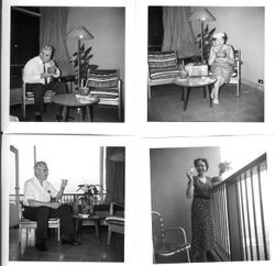 Bunni and George Streckfus in four pictures inside a hotel room, possibly Hawaii, with pineapple drinks, about 1960