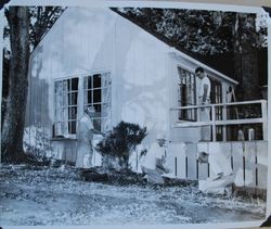 Sebastopol Lions Club members Dick Dickenson, Ed Herring, Phil Wetch and John Fore painting the porch of an unidentified Sebastopol house, about 1955 (Sebastopol Lions Club scrapbook photo)